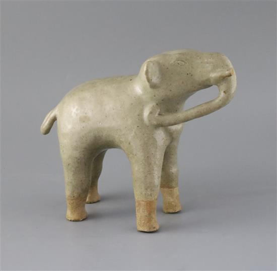 A large Thai Sawankhalok celadon figure of an elephant, 14th/15th century, H. 21cm, L. 25.5cm